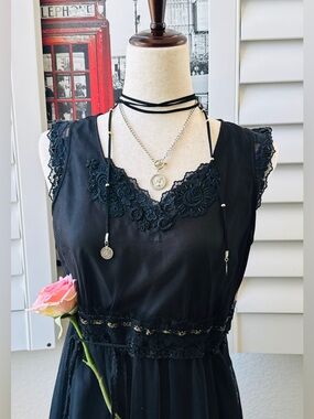 Chaber Romantic Whimsigoth Black Tulle & Lace Midi Dress